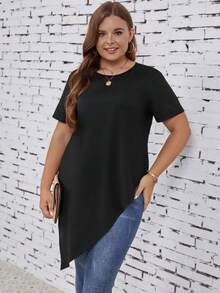 SHEIN LUNE Plus Solid Asymmetrical Hem Tee - Black - View 3