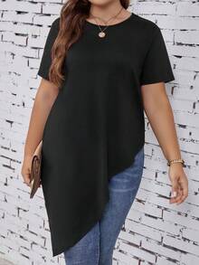 SHEIN LUNE Plus Solid Asymmetrical Hem Tee - Black - View 4