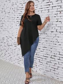 SHEIN LUNE Plus Solid Asymmetrical Hem Tee - Black - View 5