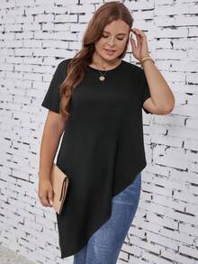 SHEIN LUNE Plus Solid Asymmetrical Hem Tee - Black - View 6