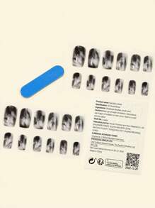 Mejora tu apariencia con 24 uñas postizas en blanco y negro, 1 hoja de cinta y 1 lima de uñas - Negro - Ver 5