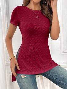 SHEIN Essnce 素色網眼刺繡下擺開叉T恤 - 酒紅色 - 查看 4