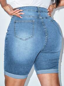 SHEIN Essnce Plus High Waist Ripped Roll Up Hem Denim Shorts - Medium Wash - View 2