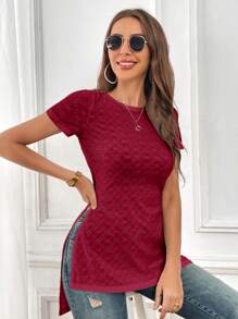 SHEIN Essnce 素色網眼刺繡下擺開叉T恤 - 酒紅色 - 查看 7