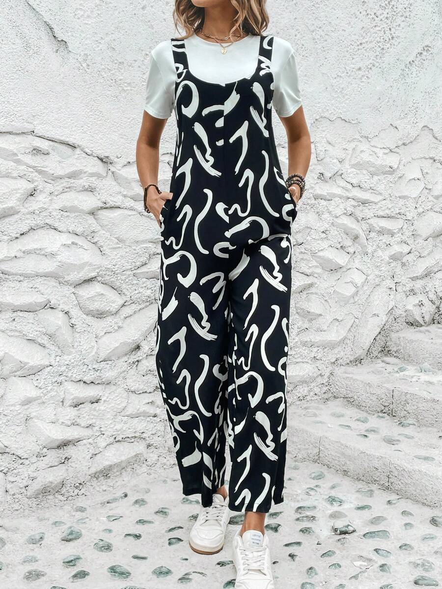 SHEIN LUNE Allover Print Slant Pocket Overall Jumpsuit Without Tee - Black and White - View 1
