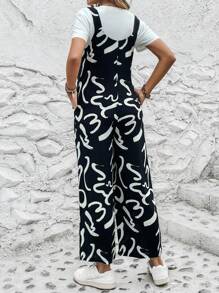SHEIN LUNE Allover Print Slant Pocket Overall Jumpsuit Without Tee - Black and White - View 2