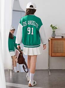 SHEIN 女大童字母圖案雙色落肩袖學院風夾克 - 綠色 - 查看 1