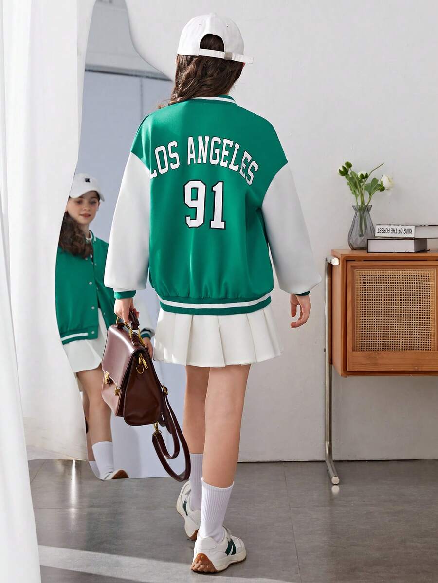 SHEIN 女大童字母圖案雙色落肩袖學院風夾克 - 綠色 - 查看 1
