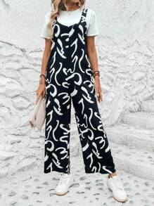 SHEIN LUNE Allover Print Slant Pocket Overall Jumpsuit Without Tee - Black and White - View 4