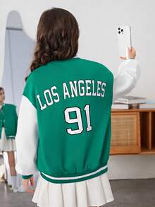 SHEIN 女大童字母圖案雙色落肩袖學院風夾克 - 綠色 - 查看 3