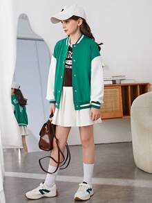 SHEIN 女大童字母圖案雙色落肩袖學院風夾克 - 綠色 - 查看 4