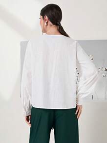 Modelyn 100% Cotton Solid Button Front Lantern Sleeve Blouse - White - View 3