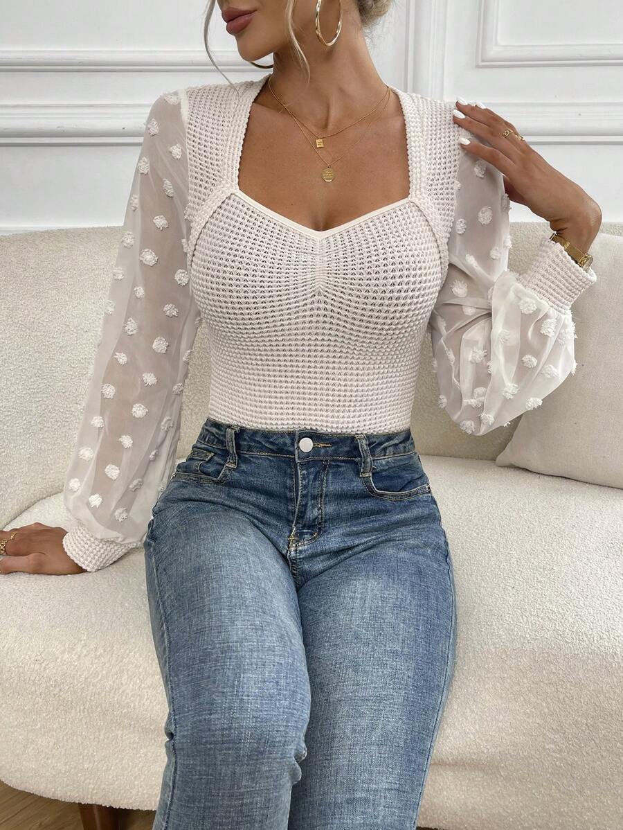 SHEIN Privé 圓點雞心領口燈籠袖華夫格編織連身背心 - 杏色 - 查看 1