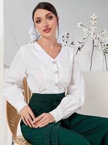 Modelyn 100% Cotton Solid Button Front Lantern Sleeve Blouse - White - View 2