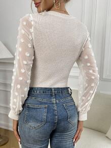 SHEIN Privé 圓點雞心領口燈籠袖華夫格編織連身背心 - 杏色 - 查看 2