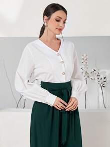 Modelyn 100% Cotton Solid Button Front Lantern Sleeve Blouse - White - View 5