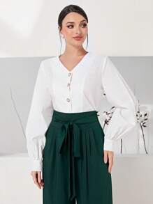 Modelyn 100% Cotton Solid Button Front Lantern Sleeve Blouse - White - View 6