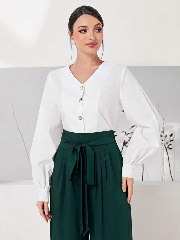 100% Cotton Solid Button Front Lantern Sleeve Blouse