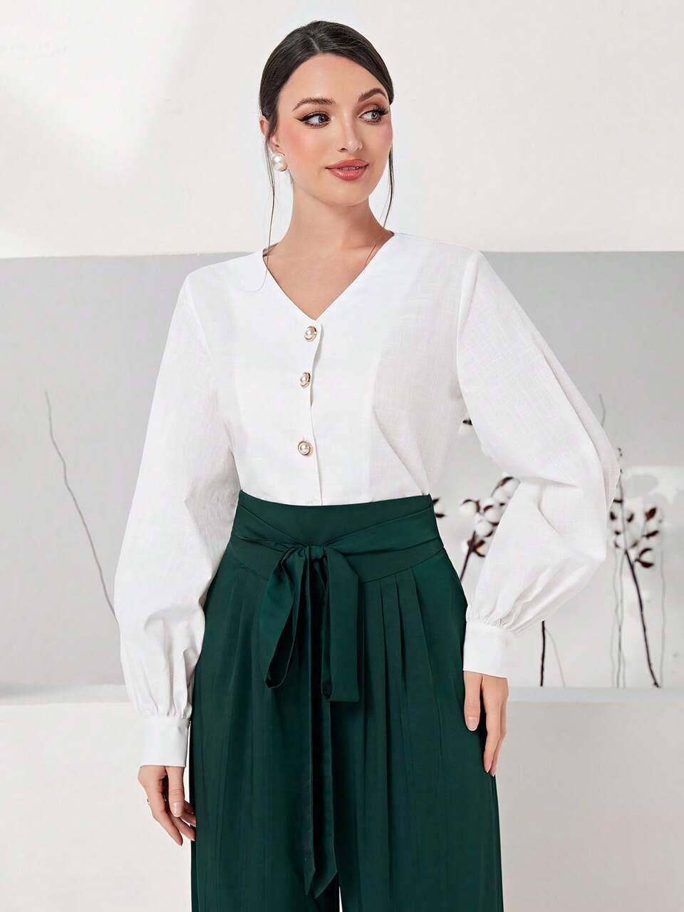 100% Cotton Solid Button Front Lantern Sleeve Blouse