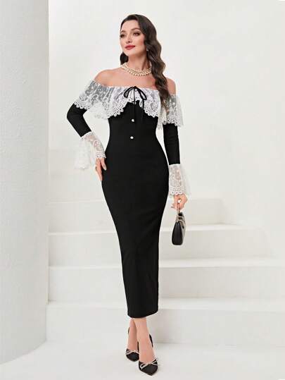 Modelyn Contrast Mesh Embroidery Off Shoulder Knot Front Ruffle Trim Flounce Sleeve Split Back Bodycon Dress Long Evening Dresses