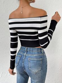 Chiquease Striped Pattern Off Shoulder Crop Knit Pullover Fall Winter Sweater - Black - View 4