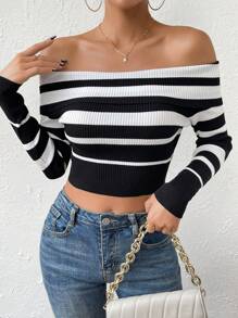 Chiquease Striped Pattern Off Shoulder Crop Knit Pullover Fall Winter Sweater - Black - View 2