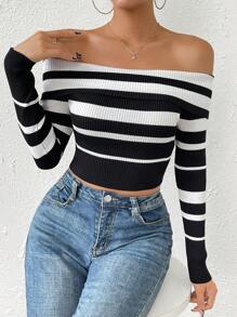 Chiquease Striped Pattern Off Shoulder Crop Knit Pullover Fall Winter Sweater - Black - View 6