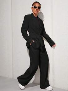 SHEIN Essnce 素色腰帶西裝外套和闊腿褲 - 黑色 - 查看 5