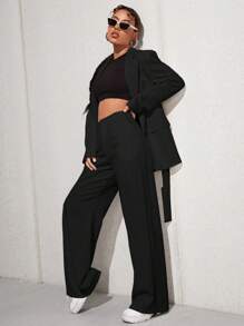 SHEIN Essnce 素色腰帶西裝外套和闊腿褲 - 黑色 - 查看 4