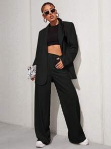 SHEIN Essnce 素色腰帶西裝外套和闊腿褲 - 黑色 - 查看 1