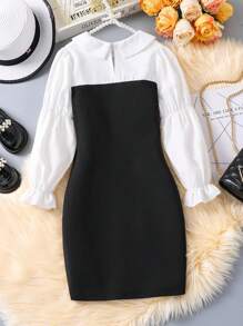 女大童雙色假兩件連衣裙不附腰帶 - 黑與白 - 查看 2