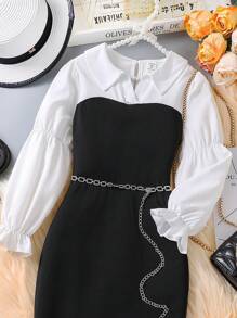 女大童雙色假兩件連衣裙不附腰帶 - 黑與白 - 查看 5