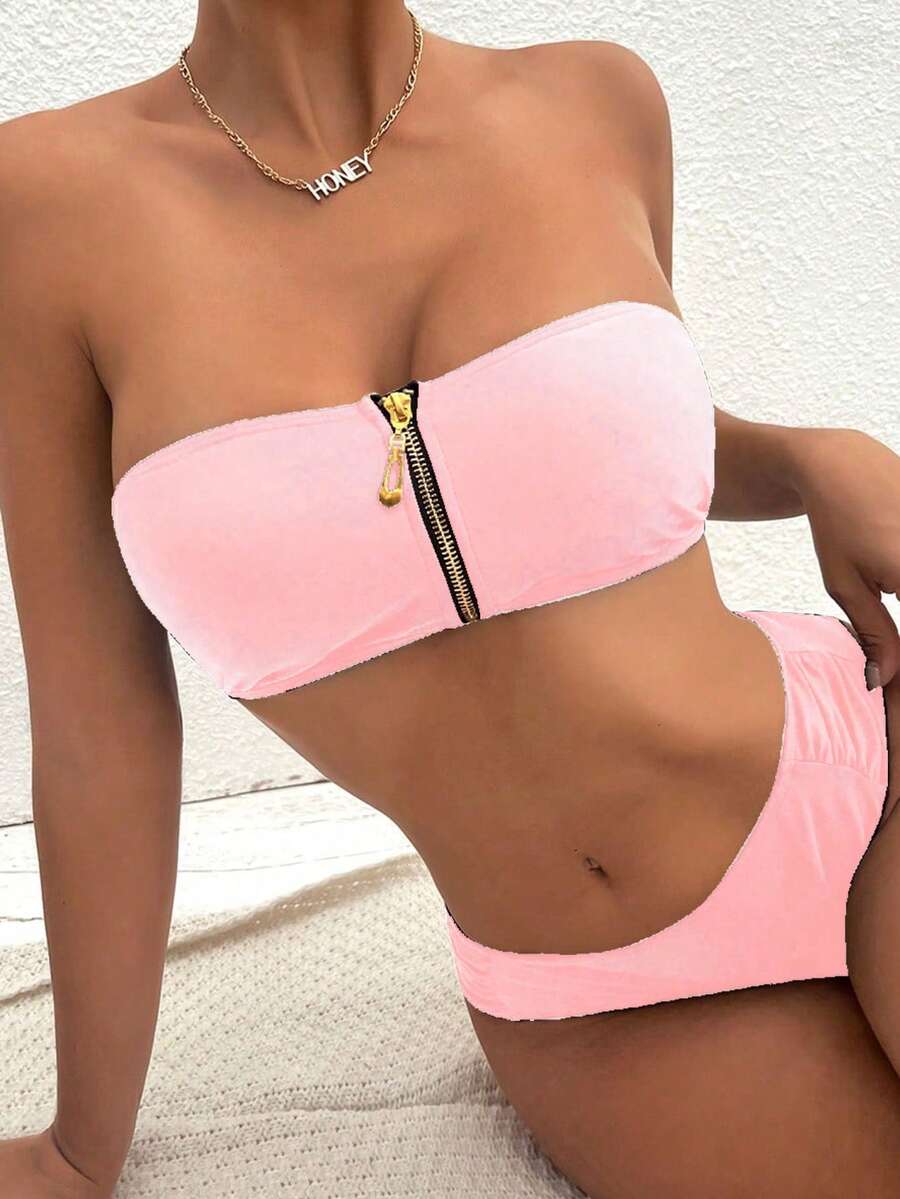 Zip Front Bandeau Bikini Set For Summer Beach - Baby Pink - View 1
