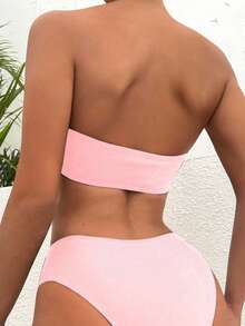 Zip Front Bandeau Bikini Set For Summer Beach - Baby Pink - View 2