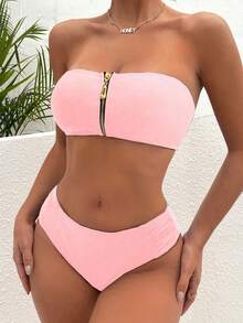 Zip Front Bandeau Bikini Set For Summer Beach - Baby Pink - View 3