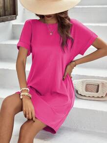 SHEIN LUNE Chất rắn tay cánh Váy áo thun - Màu Hồng Tươi - Xem 1