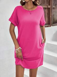 SHEIN LUNE Chất rắn tay cánh Váy áo thun - Màu Hồng Tươi - Xem 3