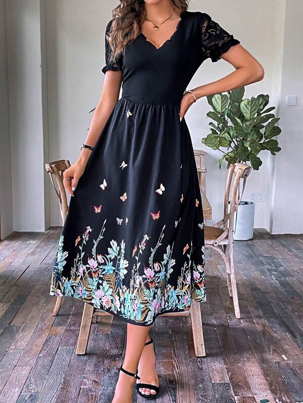 SHEIN Clasi Floral Print Contrast Lace Puff Sleeve Dress