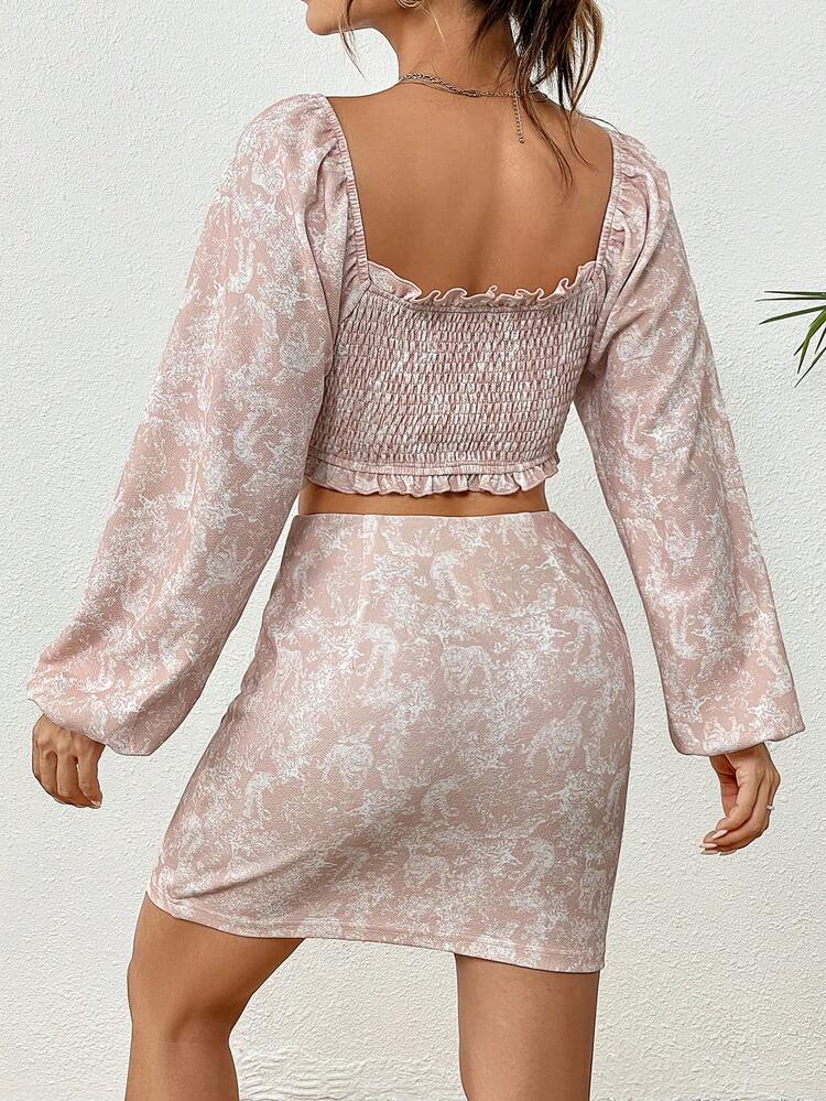 Floral Jacquard Frill Trim Lantern Sleeve Crop Top & Skirt