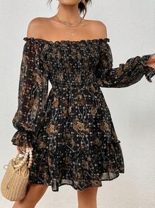 SHEIN VCAY 印花一字肩喇叭袖荷葉邊連衣裙