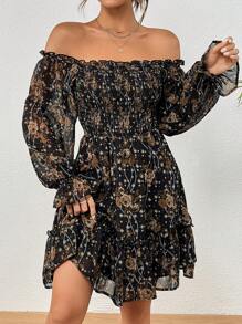 SHEIN VCAY 印花一字肩喇叭袖荷葉邊連衣裙