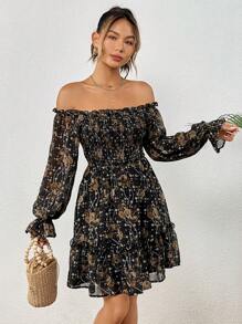 SHEIN VCAY 印花一字肩喇叭袖荷葉邊連衣裙