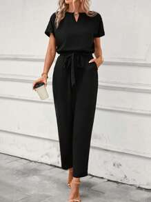 SHEIN Clasi Keyhole Neckline Batwing Sleeve Belted Jumpsuit