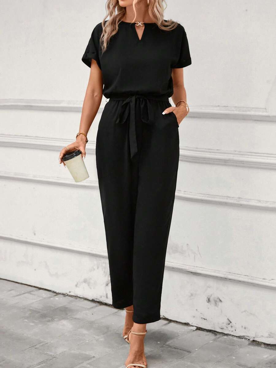 SHEIN Clasi Keyhole Neckline Batwing Sleeve Belted Jumpsuit