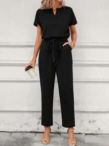 SHEIN Clasi Keyhole Neckline Batwing Sleeve Belted Jumpsuit