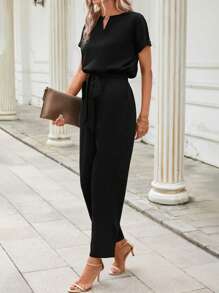 SHEIN Clasi Keyhole Neckline Batwing Sleeve Belted Jumpsuit