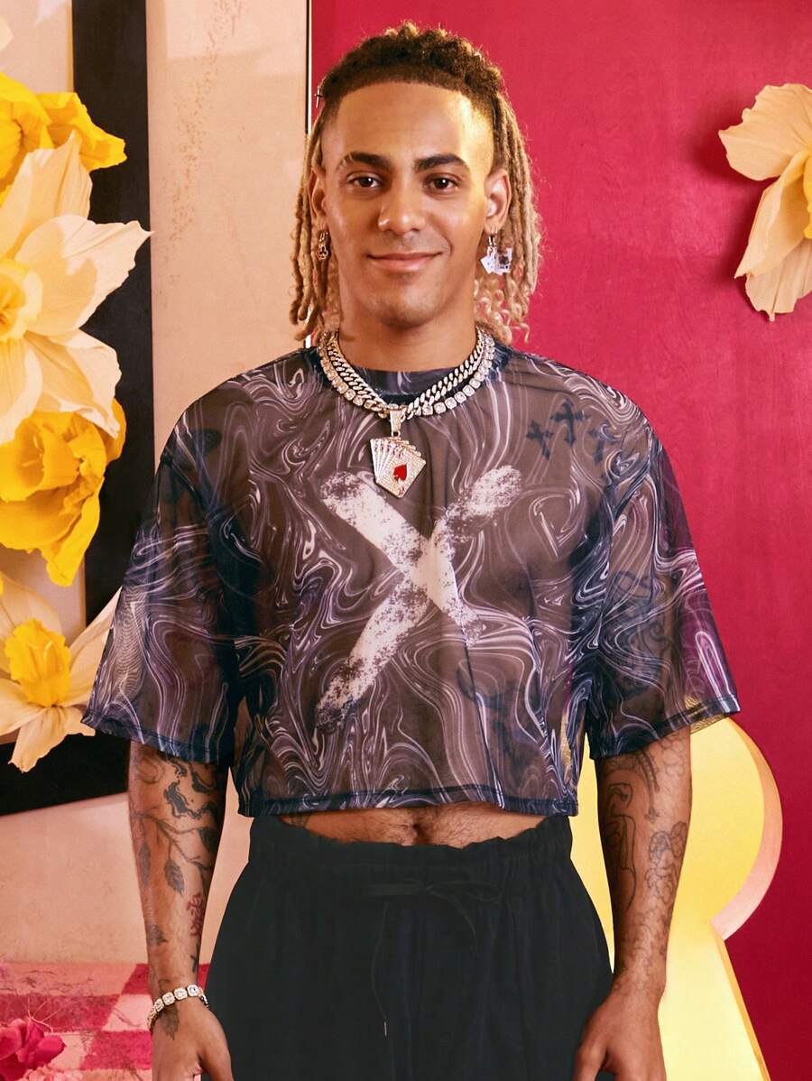 SHEIN X The Future X Redefinition Nam In Đá cẩm thạch Lưới Áo phông Crop - Nhiều màu - Xem 1