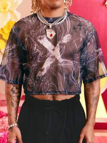 SHEIN X The Future X Redefinition Nam In Đá cẩm thạch Lưới Áo phông Crop - Nhiều màu - Xem 4