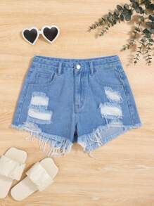 SHEIN Teen Girl Ripped Raw Hem Denim Shorts - Light Wash - View 1