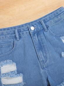 SHEIN Teen Girl Ripped Raw Hem Denim Shorts - Light Wash - View 3